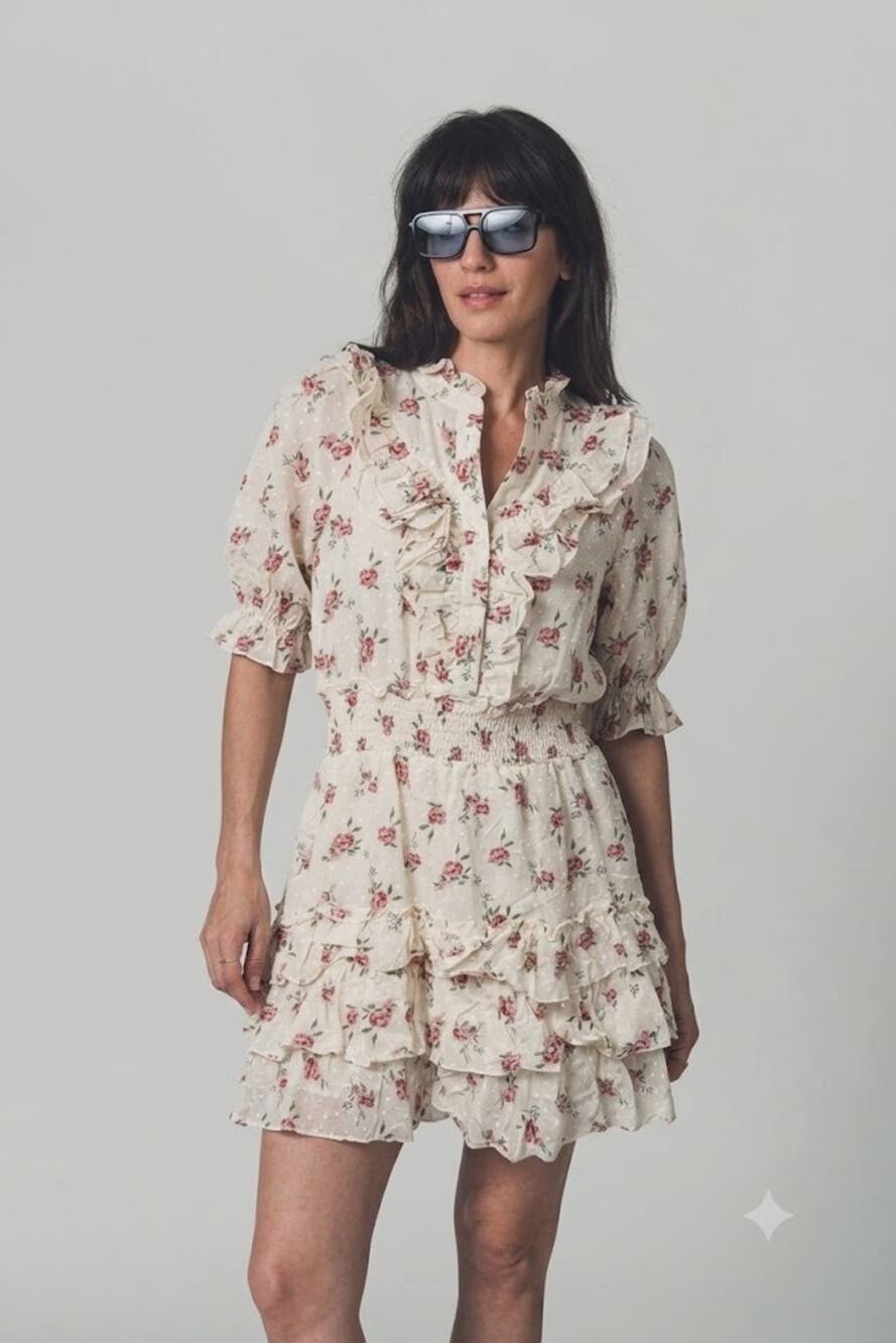 THE SHIRT BY ROCHELLE BEHRENS Floral Swiss Dot Ruffle Mini Dress Size XS NWT